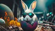 Weißes Kaninchen mit Schutzbrille schaut aus buntem Osterei in postapokalyptischer Atmosphäre. Konzept: Ostern / Osterhase in einer dystopischen Zukunft. Fotorealistische Illustration