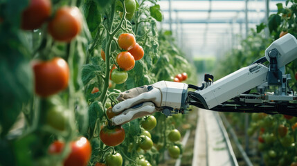 Wall Mural - Robot with multiple articulating arms and sensors harvesting ripe tomatoes in a greenhouse.