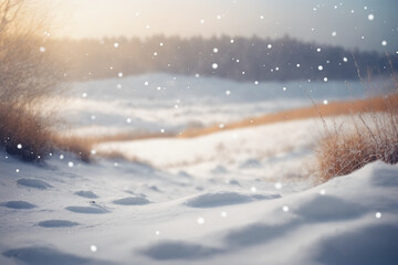 Wall Mural - Beautiful blurred background image of a landscape with light snowfall falling over of snowdrifts