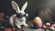 Weißes Kaninchen mit Schutzbrille neben buntem Osterei in postapokalyptischer Atmosphäre. Konzept: Ostern / Osterhase in einer dystopischen Zukunft. Fotorealistische Illustration