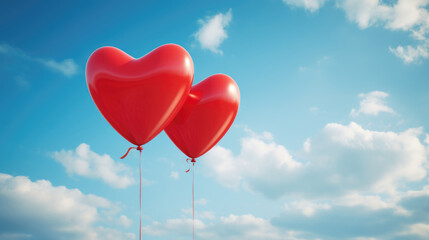 Wall Mural - Two bright red, heart-shaped balloons floating against a blue sky with white clouds.