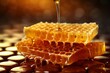 Honeycombs with sweet golden honey on whole background, close up. Background texture, pattern of section wax honeycomb