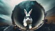 Weißes Kaninchen mit Brille kommt aus einem großen Rohr / Tunnel heraus gerannt. Konzept: Kaninchenloch Eingang. 