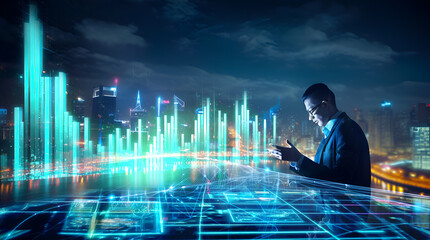 Businessman works with touching sensitive screen technology, monitoring progress, checking graphs and reports
