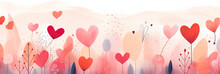 Valentines Day Watercolor Abstract Hearts Background Banner, Delightful Boho Illustration, Artistic Doodle. Panoramic Web Header With Copy Space. Wide Screen Wallpaper