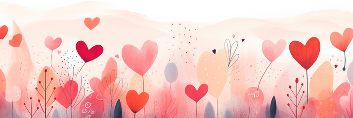 Wall Mural - Valentines day watercolor abstract hearts background banner, delightful boho illustration, artistic doodle. Panoramic web header with copy space. Wide screen wallpaper