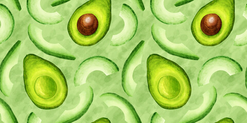 Wall Mural - Avocado half seamless pattern. Avocado tropical fresh fruit hand draw watercolor illustration. For textile, paper, wallpaper, design.