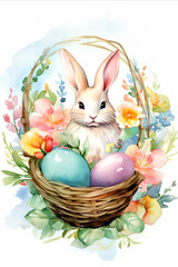 Wall Mural - Easter greeting card with a cute bunny in a wicker basket surrounded by spring flowers and painted eggs, watercolor, pastel colors. Happy Easter concept.