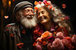 © Bobboz - A joyful senior couple laughing in a flowers background, elderly happy people, old age. Joyful nice elderly couple smiling while being in a great mood.
