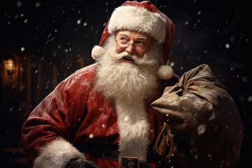 Santa Claus wearing glasses holding a sack full of Christmas gifts. AI Generated