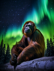 Wall Mural - A Photo of an Orangutan at Night Under the Aurora Borealis