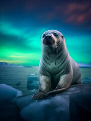 Wall Mural - A Photo of a Seal at Night Under the Aurora Borealis