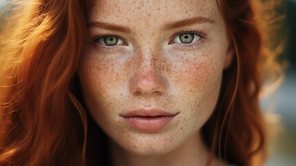 Wall Mural - Close up face of young red ginger freckled woman with ginger hair and perfect healthy freckled skin, close-up portrait of beautiful girl looking at camera with pretty cute nature