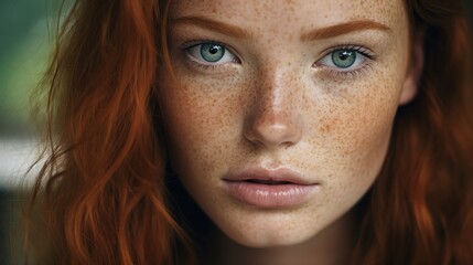 Wall Mural - Close up face of young red ginger freckled woman with ginger hair and perfect healthy freckled skin, close-up portrait of beautiful girl looking at camera with pretty cute nature