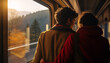Back side view, Close up at young couple's hand embrace around their waist and hug during travel by train and landscape scenery through train's window.