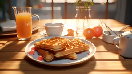 Wall Mural - Breakfast with waffles and orange juice on wooden table, closeup