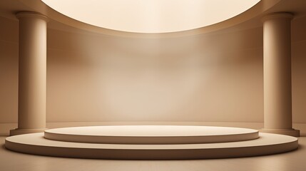 Poster - Elegant abstract 3D room with realistic beige and white cylindrical base. Minimal scene for trade show presentation, geometric design.