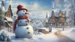 Winter landscape with snowman and cozy family house, AI
