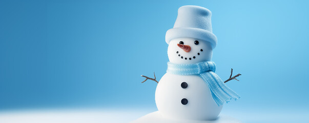 Wall Mural - Cute knitted snowman in a hat and scarf on an isolated blue background with copyspace. Header for a website.