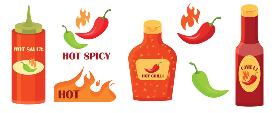 Hot chili peppers. Hot spicy level labels, vector icons chili pepper, cayenne or jalapeno. Extra, spicy, hot and mild strength of sauce or snack. Vector flat illustration