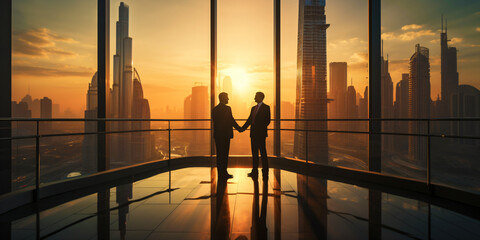 business partners stand in front of a large panoramic window