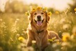 Smiling golden retriever adorned with a daisy chain in a field of wildflowers. Beauty of spring. Easter celebration. Design for springtime event poster, banner, or wallpaper