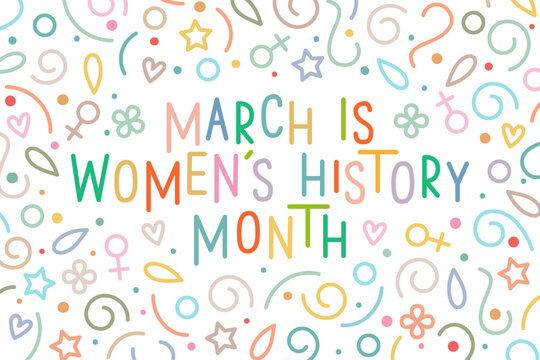 March is Women's History Month festive card text in line art style on white. 