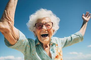 Wall Mural - Laughing senior woman with hands up enjoy sunny summer day outdoors. Mature old woman enjoys happy and healthy life in retirement. Mental health, travel, trip, fulfilling life