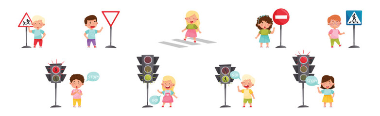 Wall Mural - Cute Boy and Girl Child Learning Rules of Road and Traffic Education Vector Set