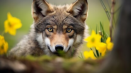 Wall Mural - Generative AI image of wolf in the grass