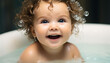 Cute baby girl smiling in bathtub, enjoying cleanliness generated by AI