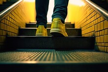 Underground Staircase Yellow Bright Jogging While Shoes Man's Shot Close Sneaker Walking Stair Closeup Footwear Sole Foot Step Shoe Upstairs Forward Person Walker Shoelace Clothes Exercise Leg
