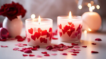 A Selection Of Scented Candles In Heart-shaped Holders, Positioned Against A Clean White Background, Creating A Warm And Inviting Atmosphere For A Romantic Valentine's Day Celebration