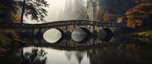 Stone Bridge Over River In Atmospheric Autumn Setting. Moody Rural Background. Generative AI.