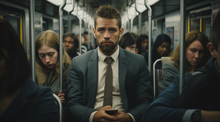 A man sitting in the subway, train among the crowd. Overwhelmed by the number of people in the carriage