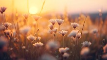 Beautiful Meadow With Daisies At Sunset. Nature Background Generative AI