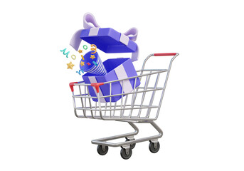 Wall Mural - Shopping cart with giftbox package delivery parcels box celebration confetti party popper colorful congratulation new year festive trolley logistics transportation service concept. 3d render