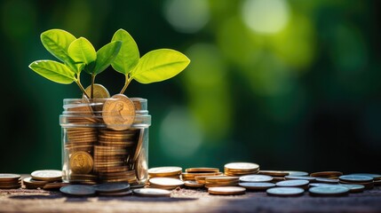 Canvas Print - Coins lying in a glass jar gave sprouts, leaves reaching for the sun, the concept of financial growth