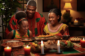 Familia afroamericana celebrando Kwanzaa decorando la mesa para la cena en el salón de su casa