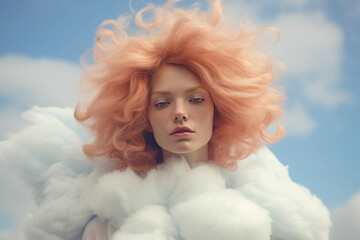 Wall Mural - Whimsical portrait with a head full of clouds, dreamy expression, sky-blue eyes