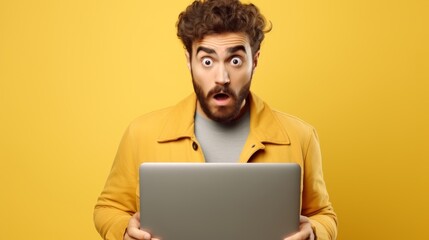 surprised young man in yellow jacket using laptop on yellow background Generative AI