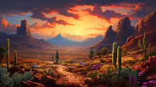 Desert Landscape At Sunset, With Cacti And Resilient Species Adapted To Extreme Conditions, Illustrating The Diversity Of Life In Harsh Environments