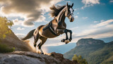 Fototapeta  - Czarny koń skaczący nad urwiskiem, magiczna godzina, piękne kolory dnia