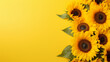 Sunflowers artistically arranged on a vibrant yellow background, capturing the essence of nature in a top-view composition with ample copy space, presented in high definition.