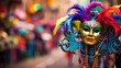 A colorful Venetian mask adorned with vibrant feathers and beads