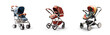 modern set collection of baby stroller pushchair carriage on wheels for babies or children newborn essential care gear in different stylish designs, cutout on isolated transparent png background