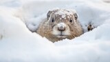 Fototapeta  - A curious prairie dog, groundhog with snow on its head peering out of a snow hole