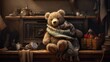 a child's teddy bear drying on a radiator, the composition in a minimalist modern style, focusing on the cozy and sentimental aspects of winter and childhood themes.