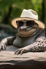 Canvas Print - A lizard wearing a hat and sunglasses sitting on a rock. Generative AI.