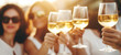 © Alina Zavhorodnii - A merry company raises glasses of white wine against the rays of sunshine